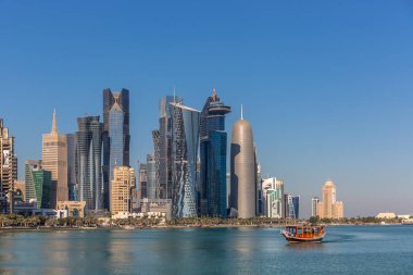 Doha, Katar - Jan 8 2018: Doha, Katar West Bay şehir manzarası güzel mavi gökyüzü gün kış - 8 Ocak 2018. West Bay, Doha en önemli bölgelerinden biri kabul edilir