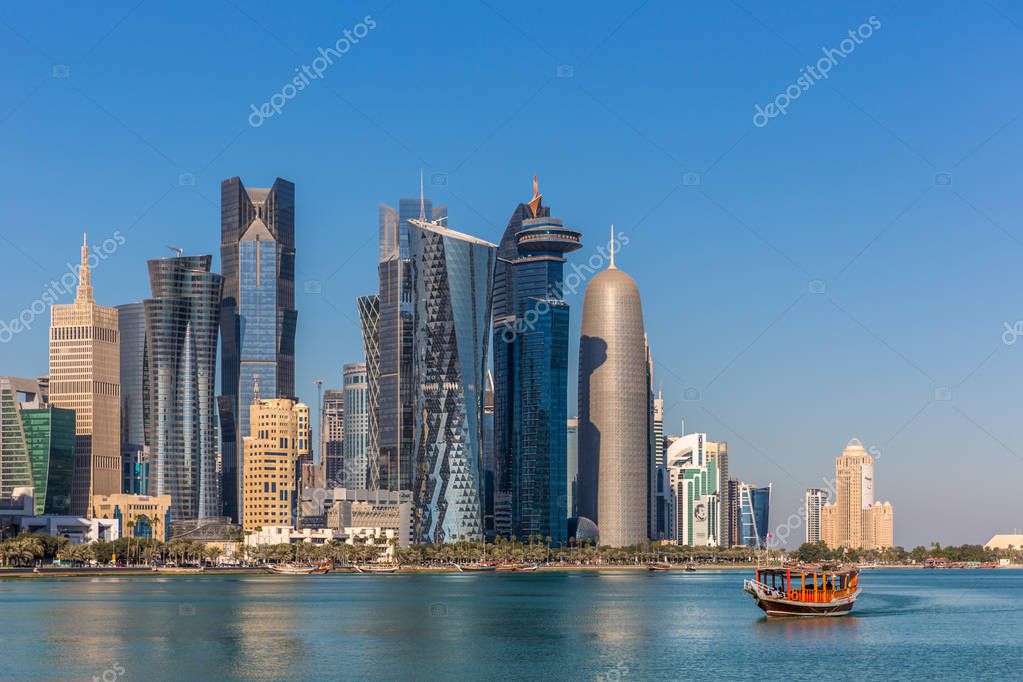 Doha, Qatar - JAN 8th 2018: The West Bay City skyline in a beautiful blue sky day in winter - Jan 8th, 2018 in Doha, Qatar. The West Bay is considered as one of the most prominent districts of Doha