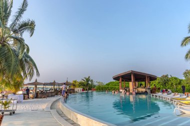 Maldivler, 8th Şubat 2018 - yüzme havuz ve plaj alanı bir Resort Maldivler, öğleden sonra ışıklar, zevk turistler bazı ağaçlar ve tablo.