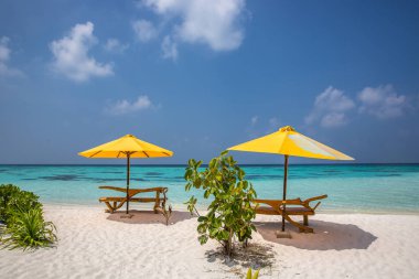 Bir güneşlenme ve ıssız bir sahilde plaj şemsiyesi; mükemmel bir tatil kavramı; mavi gökyüzü; şaşırtıcı deniz