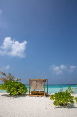 Şaşırtıcı beach, sarı plaj şemsiyesi, mavi gökyüzü, cennet, mükemmel ağ geçidi tatil kavramı.