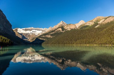 Dağlar ve buzullar Banff National Park Kanada'da bir mavi gökyüzü gün içinde çevrili muhteşem göl