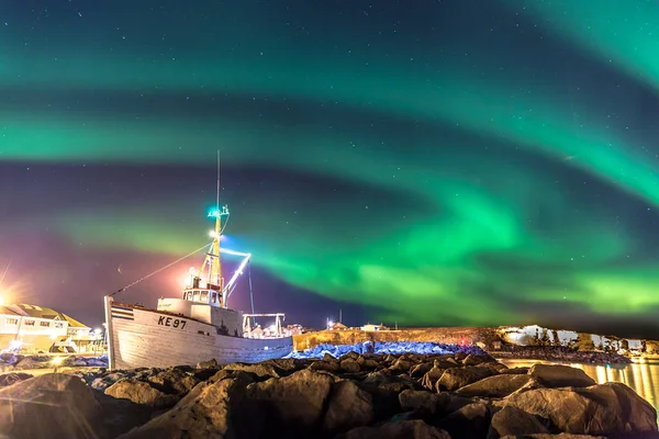 Colorful Northern Lights Aurora Borealis Boat Foreground Iceland — Stock Photo, Image