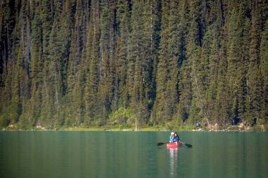 Banff, Canada - 15th Eylül 2017 - kaç turist çam ağaçları içinde belgili tanımlık geçmiş Banff National Park Kanada ile bir yeşil su gölde kayık yapıyor