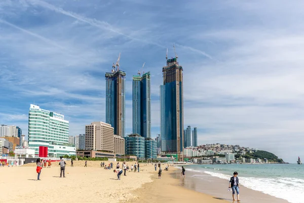 Busan Südkorea 2018 Touristen Amüsieren Sich Strand Von Haeundae Hintergrund — Stockfoto