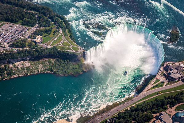 The Horseshoe Falls in Niagara Falls seen from a super aerial view in Canada