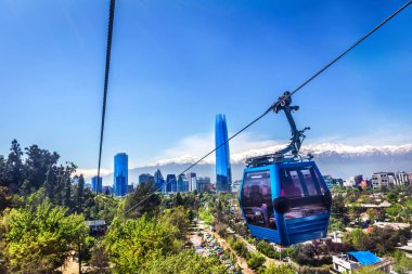 Santiago, Şili - 15th Ekim 2017 - Santiago del ICC binaları ile cable car ve Şili'deki arka planda karla Andes içinde Marnixkade Şili şehir