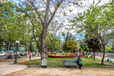 Santiago, Şili - 14th Ekim 2017 - A Santiago, Şili Güney Amerika'nın başkenti şehir merkezinde yeşil açık alanda genel bir bankta oturan yerel