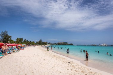 Dover Beach, Barbados - Mar 5 2018 - plaj şemsiyeleri ve sandalyeler beyaz kum plaj ile turistler eğleniyor Barbados temiz su içinde Caribe içinde bol