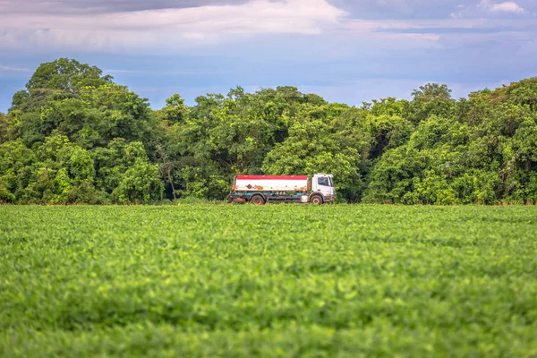 Ein Treibstofftransporter Fährt Durch Eine Große Sojabohnenfarm Brasilien — Stockfoto