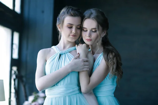 Sensual Afetando Close Retrato Duas Irmãs Mãos Dadas Emracing Uns — Fotografia de Stock