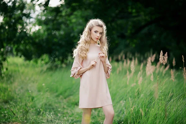 Beautiful Carefree Woman Dress Green Fields Being Happy Outdoors Enjoying — Stock Photo, Image