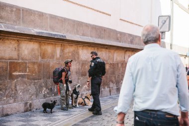 Prag, 29 Eylül 2017: Bir polis görüşmeler için evsiz bir kişi veya onun belgelerini denetler.