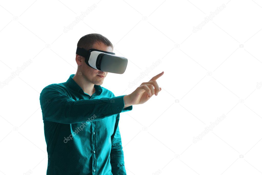 The man with glasses of virtual reality. Future technology concept. Modern imaging technology