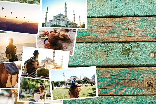Много фотографий на деревянной поверхности. Туристические воспоминания о Турции, включая Стамбул и Каппадокию. Рядом с фотографиями находится место для текста — стоковое фото