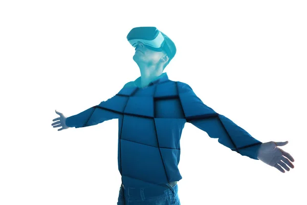 O homem com óculos de realidade virtual. Conceito de tecnologia futura. Tecnologia de imagem moderna — Fotografia de Stock