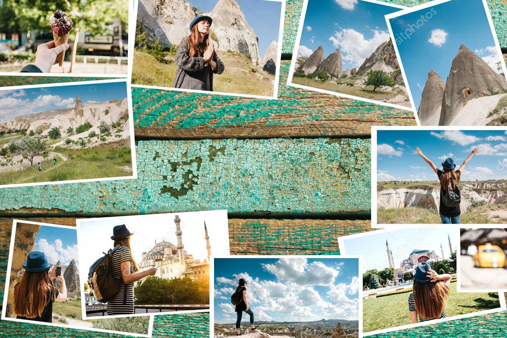 A lot of pictures on the wooden surface. Travel memories of Turkey. Next to the photos is a place for text. These are my photos and my artwork and design. All the photos separately are in my portfolio