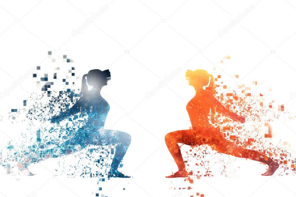 Concept sports activities remotely in the future. Two girls with virtual reality glasses facing each other. Future technology concept. Modern imaging technology. Fragmented by pixels.