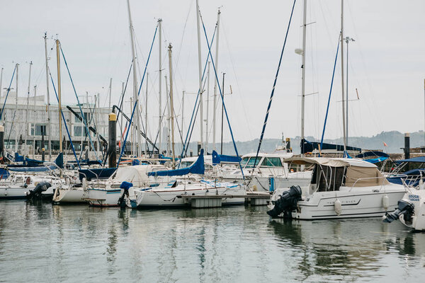 Portugal, Lisbon, 1 May 2018: Yacht club in the Belem area near the waterfront. Many yachts are in the port