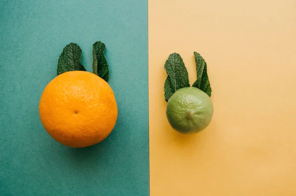 Citrus mix from orange and lime in the form of a rabbit or a hare with mint ears