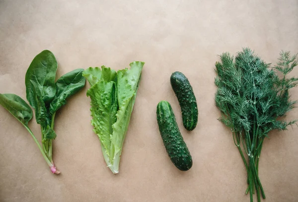 Salatalık, ıspanak, yeşil salata ve dereotu birlikte yalan. Yeşiller karışımı. Bir dizi faydalı ürünler