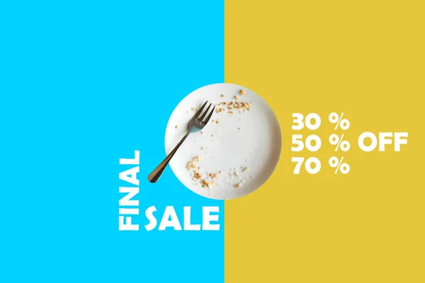 Illustration i den minimalistiska stilen av Slutför försäljningen. En tom platta med resterna av livsmedel innebär att varorna köps snabbt och måste vara i tid. Kreativ idé av försäljningen — Stockfoto