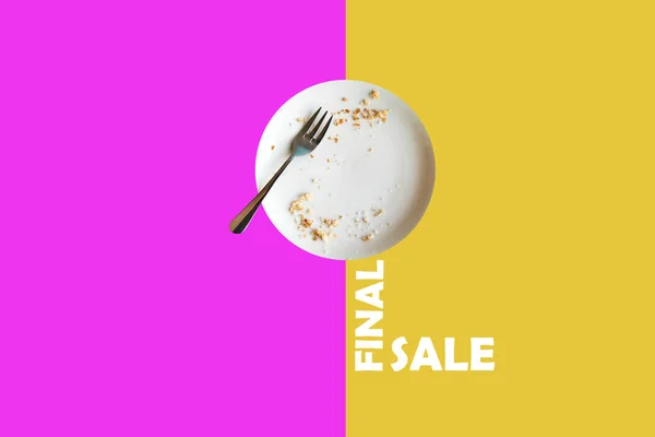 Ilustración en el estilo minimalista de la venta de acabado. Un plato vacío con los restos de comida significa que los productos se compran rápidamente y deben llegar a tiempo. Idea creativa de la venta —  Fotos de Stock