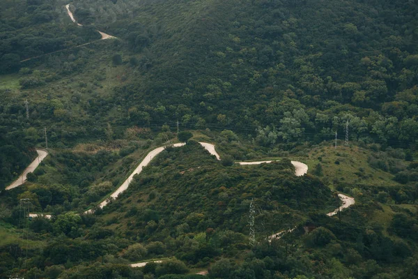 Vista aérea de un camino sinuoso que pasa por el bosque . — Foto de Stock