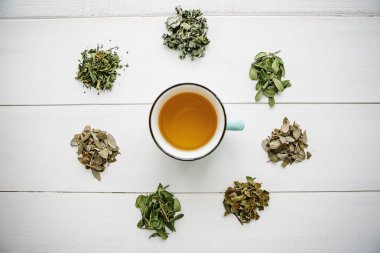 Taze kokulu ve sağlıklı bitki çayı bir cam veya kupa bir beyaz tahta yüzey üzerinde. Yanında çay yapmak için çeşitli kuru otlar yalan. Sağlıklı ürün