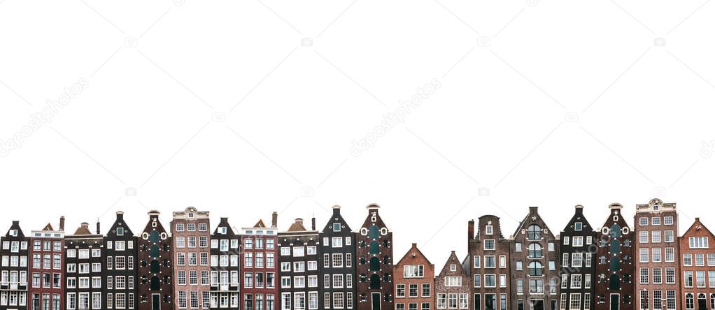 Many traditional houses in Amsterdam isolated on white background.