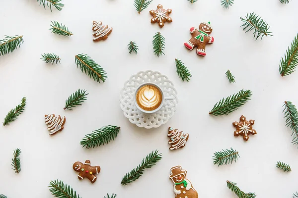 A cup of freshly flavored cappuccino coffee. Near the scenery in the Christmas or New Years style. — Stock Photo, Image