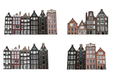 Beyaz arka plan üzerinde izole Amsterdam geleneksel evlerde kümesi.