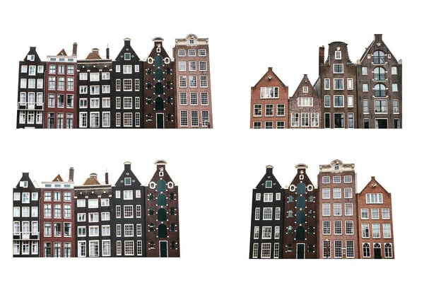 Ensemble de maisons traditionnelles à Amsterdam isolées sur fond blanc . — Photo