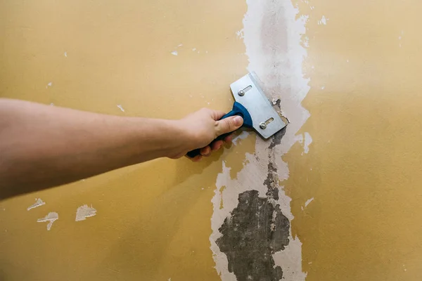 Een man met een schraper verwijdert de oude bedekking van de muur. — Stockfoto