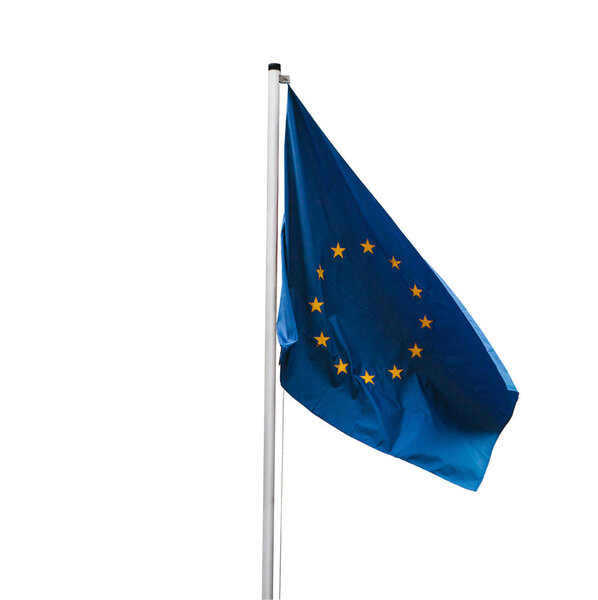 Flag of the European Union on a flagpole isolated on white background