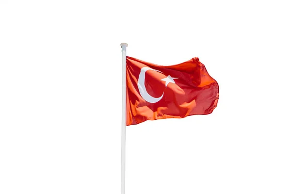 Beyaz arka plan üzerinde izole bayrak direğine Türk bayrağı — Stok fotoğraf