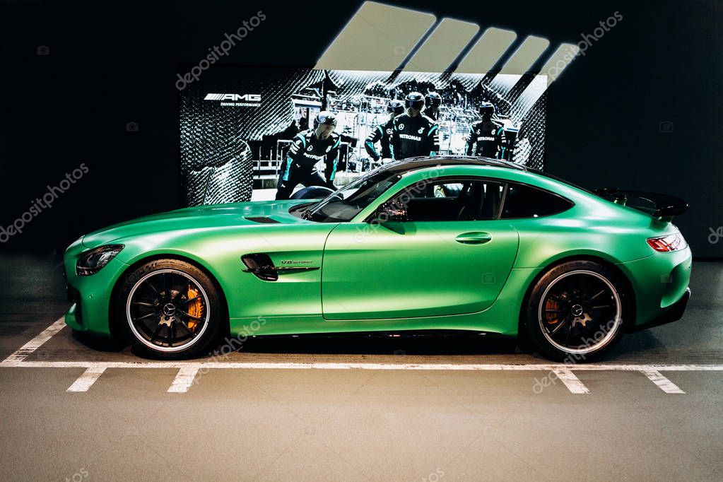 Berlin, August 29, 2018: The new sporty modern Mercedes-Benz AMG GT Turbo V8 is sold in the official Mercedes-Benz dealership in Berlin.