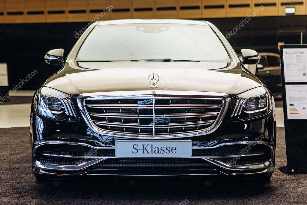 Berlin, August 29, 2018: A close-up of the Mercedes-Maybach car which is exhibited and sold in the official dealers center in Berlin. Luxury branded expensive car.