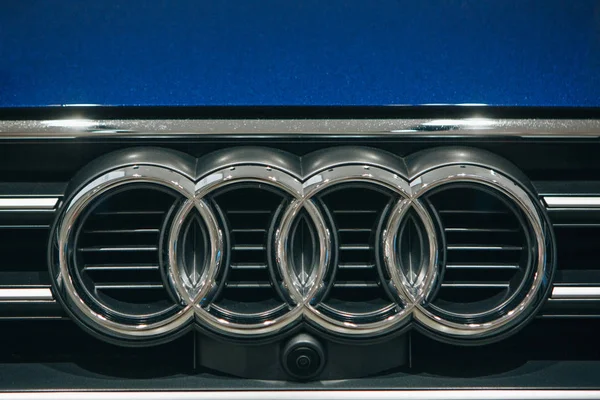 Close-up of a front sign or emblem on a new Audi A5 g-tron Stock Picture