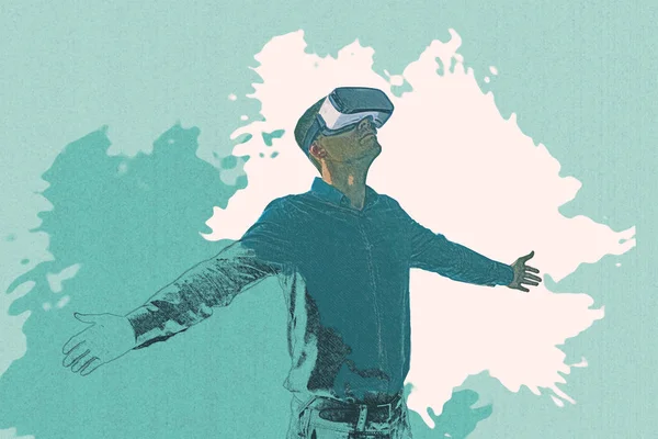 En blyertsteckning eller en illustration av en man i virtual reality-glasögon. — Stockfoto