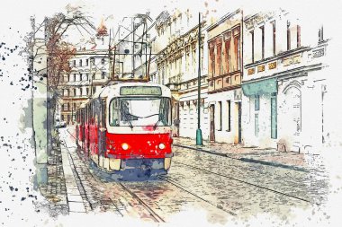 Prag'da bir geleneksel eski tramvay çizimi.