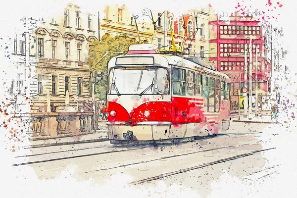 Ilustración de un tranvía antiguo tradicional en Praga . — Foto de Stock