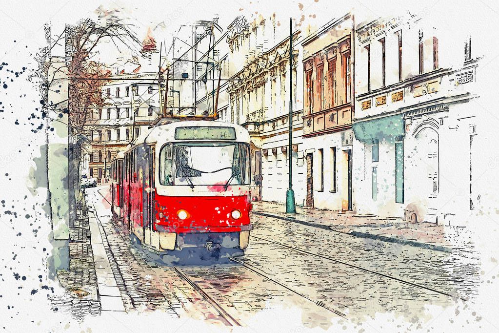 illustration of a traditional old tram in Prague.