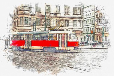 Prag'da bir geleneksel eski tramvay çizimi.