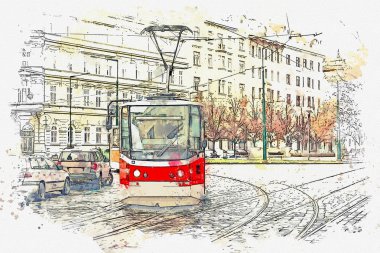 Prag'da bir geleneksel eski tramvay çizimi.