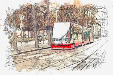 Prag'da bir cadde boyunca hareketli bir tramvay çizimi
