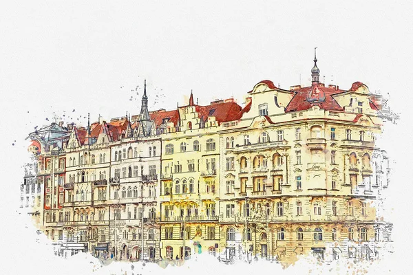Ilustração. Arquitetura antiga tradicional em Praga . — Fotografia de Stock