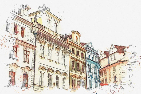 Illustration. Traditionell antik arkitektur i Prag. — Stockfoto