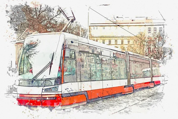 Prag'da bir cadde boyunca hareketli bir tramvay çizimi