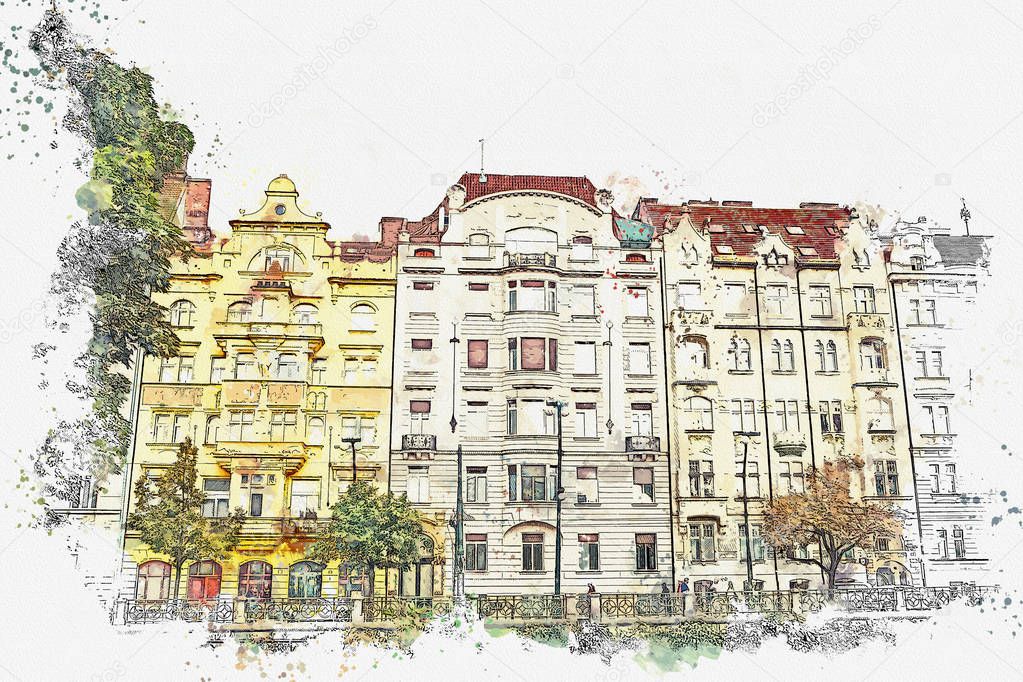 illustration. Traditional ancient architecture in Prague.